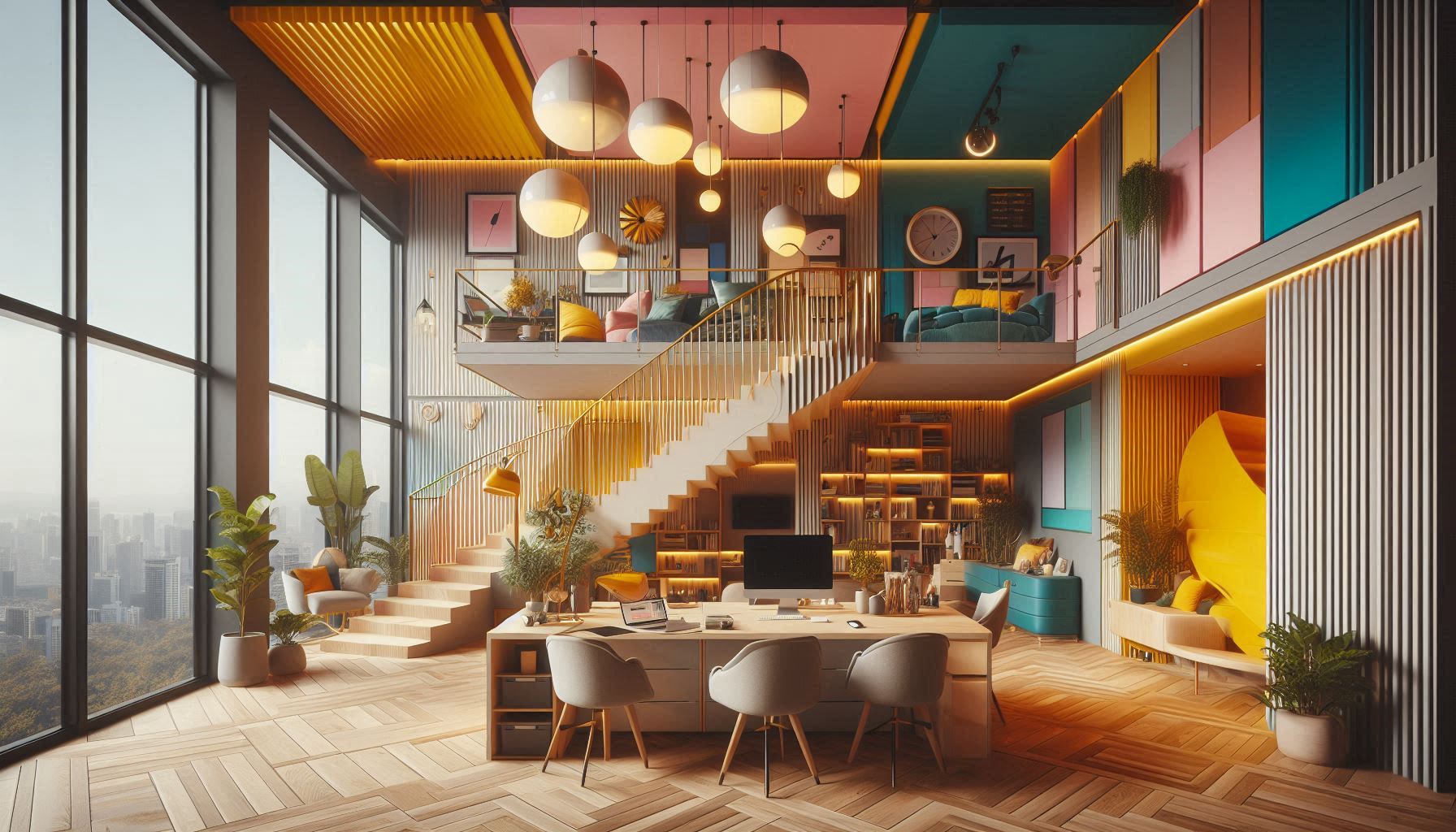 Modern luxury lounge with colorful seating and geometric ceiling design