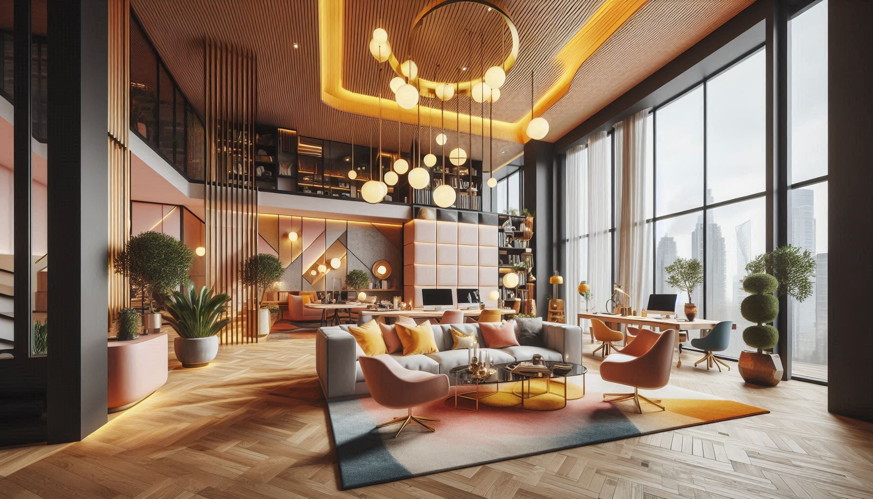 Chic workspace with golden chandeliers and floor-to-ceiling windows