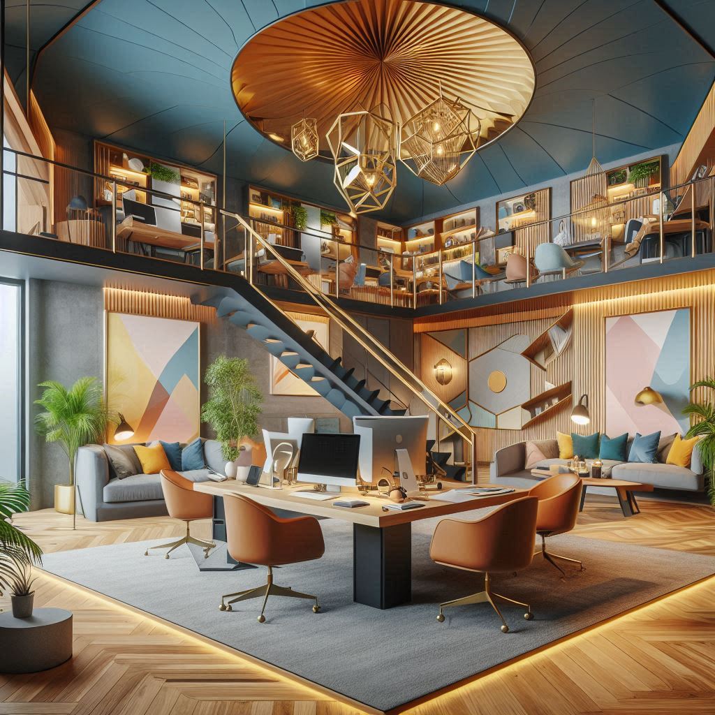 Eclectic loft living room with colorful accents and layered lighting