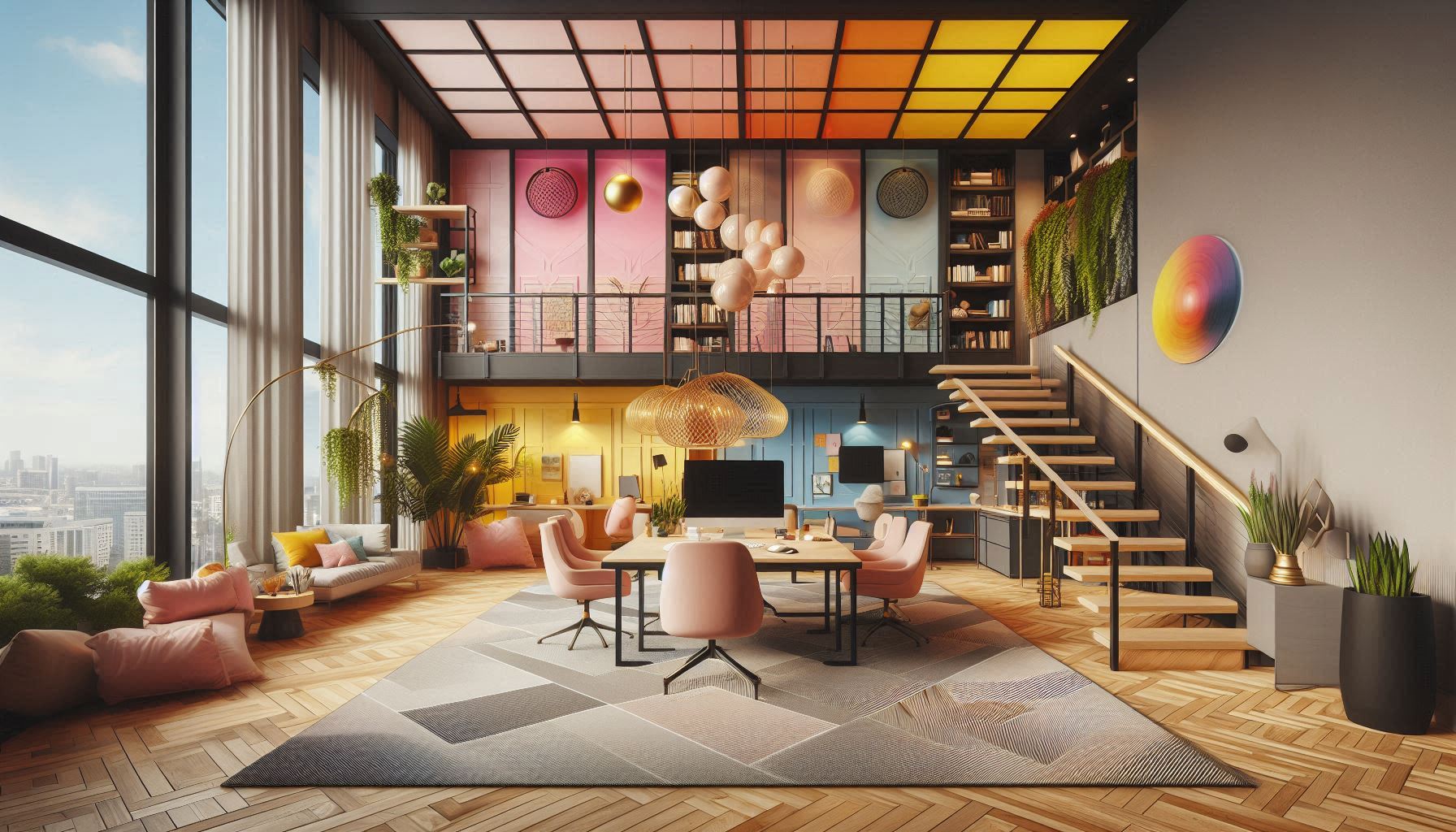 Bright creative studio with bold color palette and modular seating