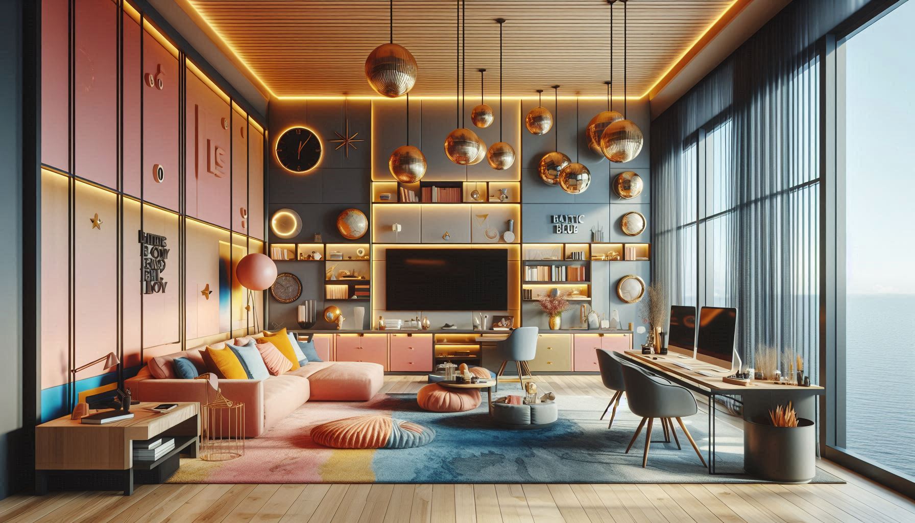 Modern living room with glowing pendant lights and cozy décor