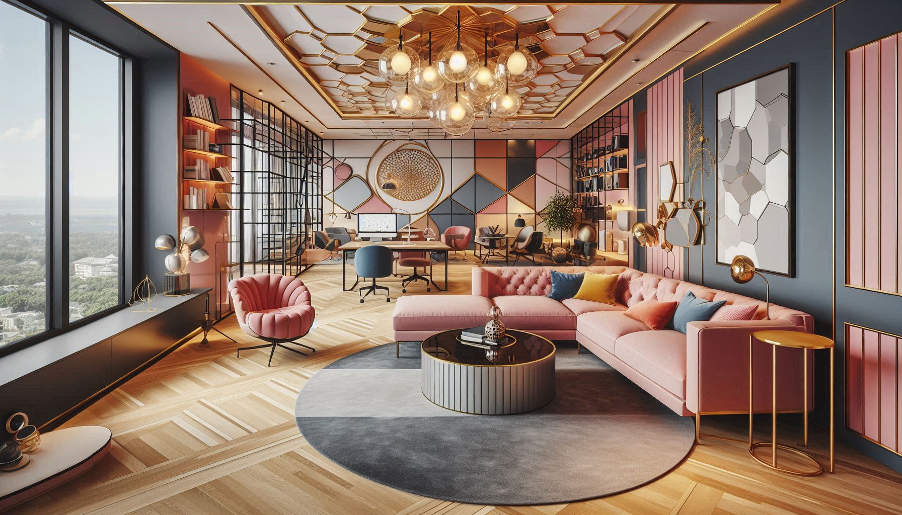 Chic lounge with circular sofa and statement lighting