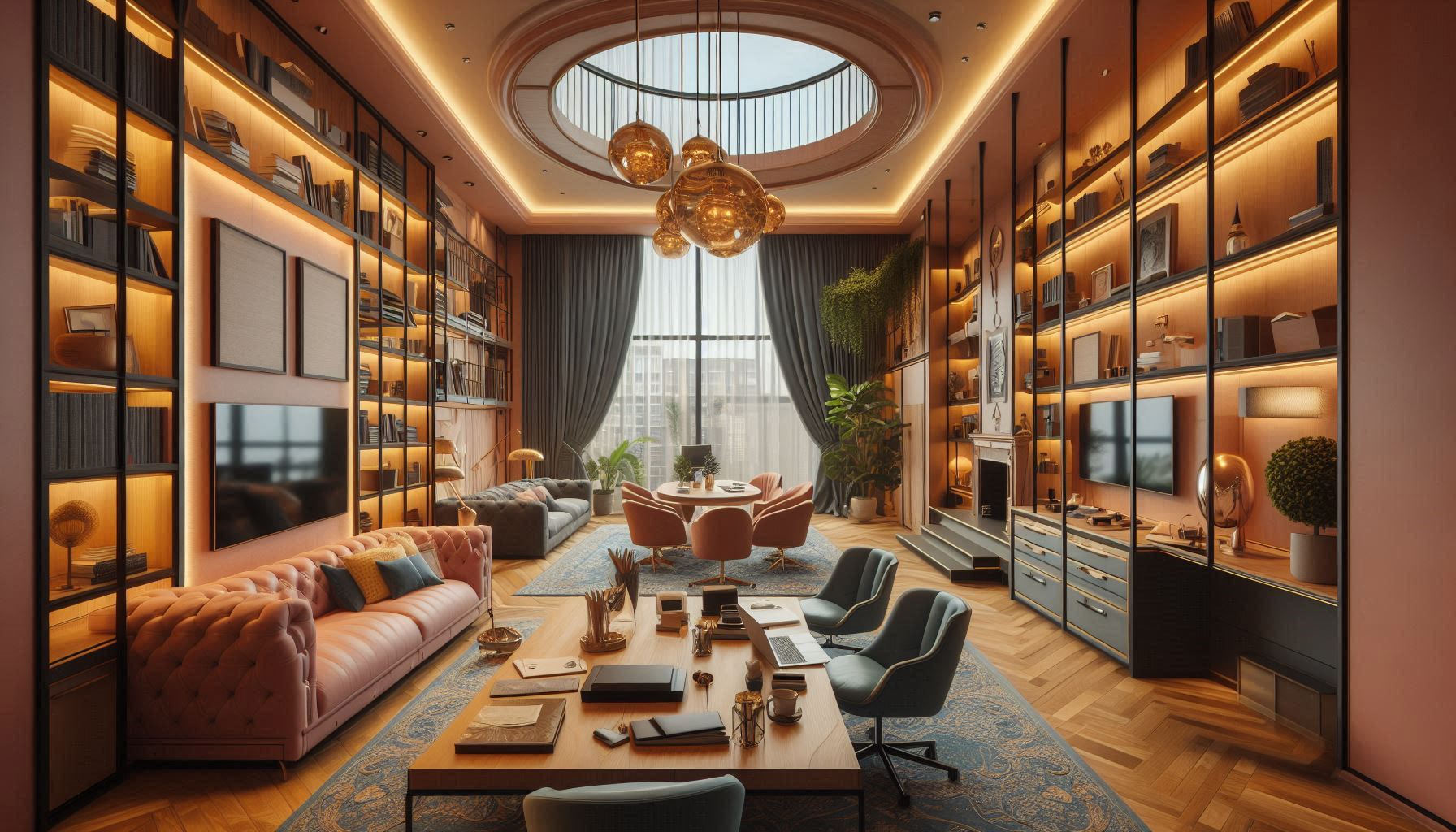Luxury library with high shelves, chandeliers, and soft seating