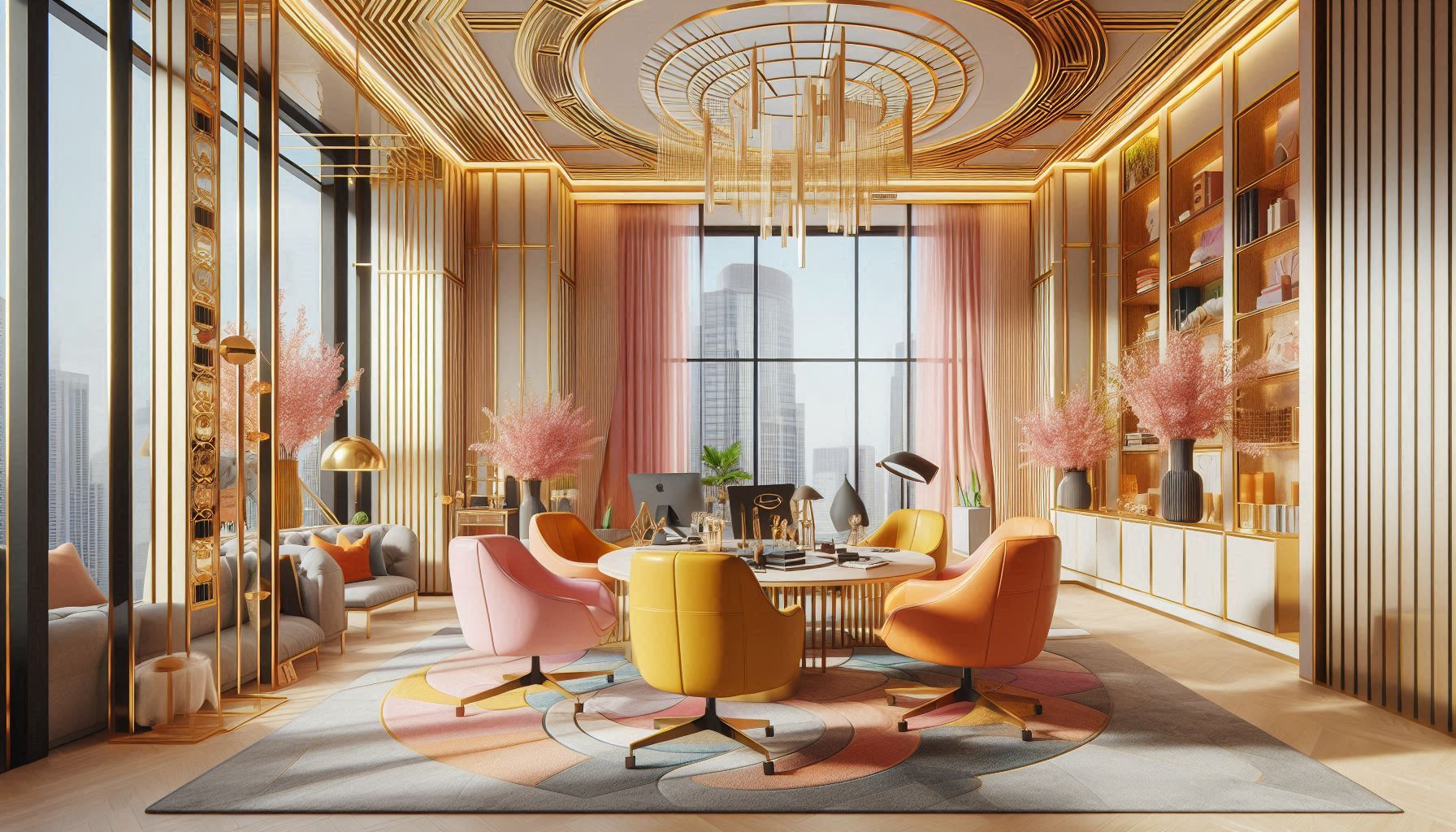 Modern office with gold ceiling details and contemporary furniture