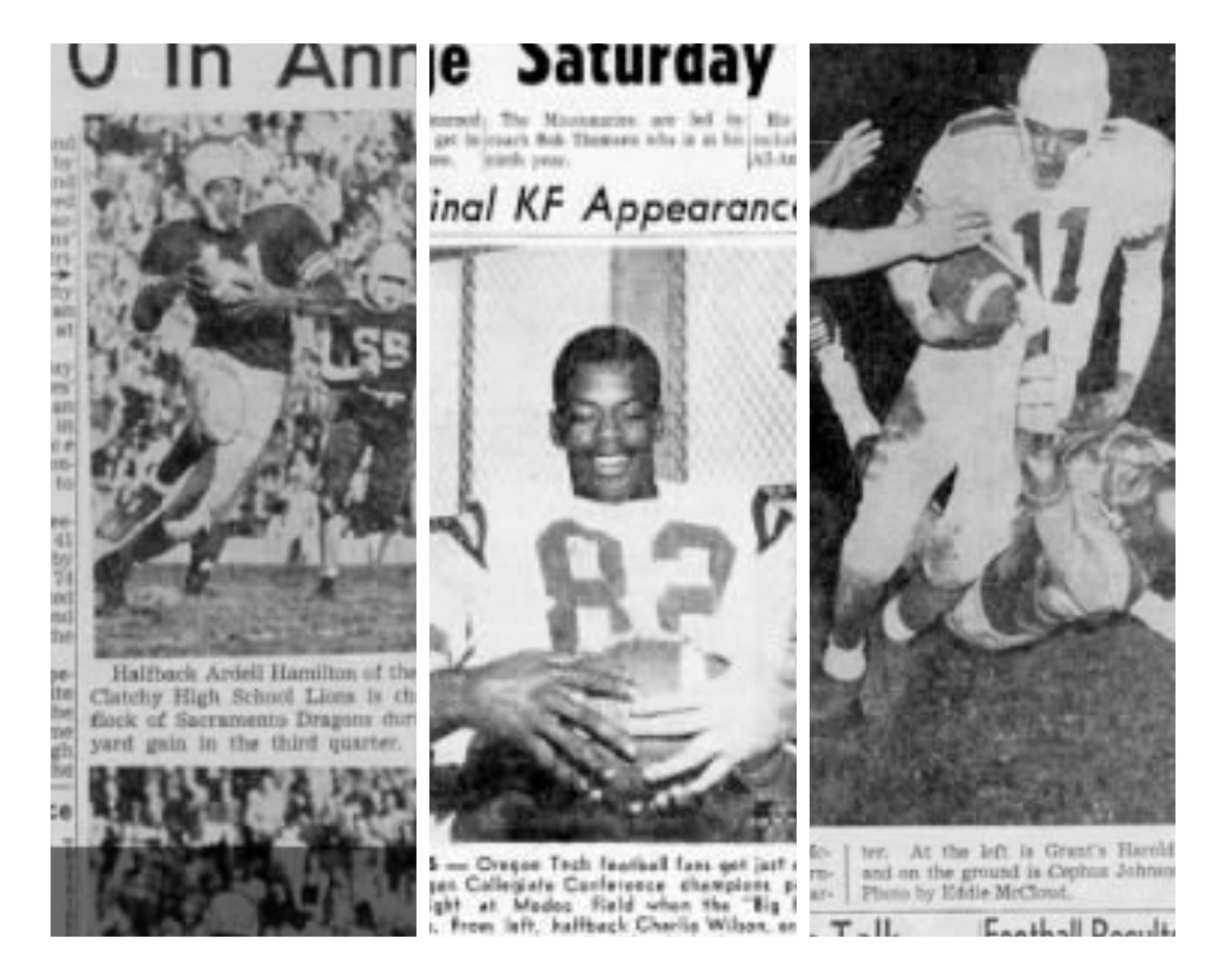 Vintage newspaper photo of a young Black football player mid-action, symbolizing ambition and legacy.