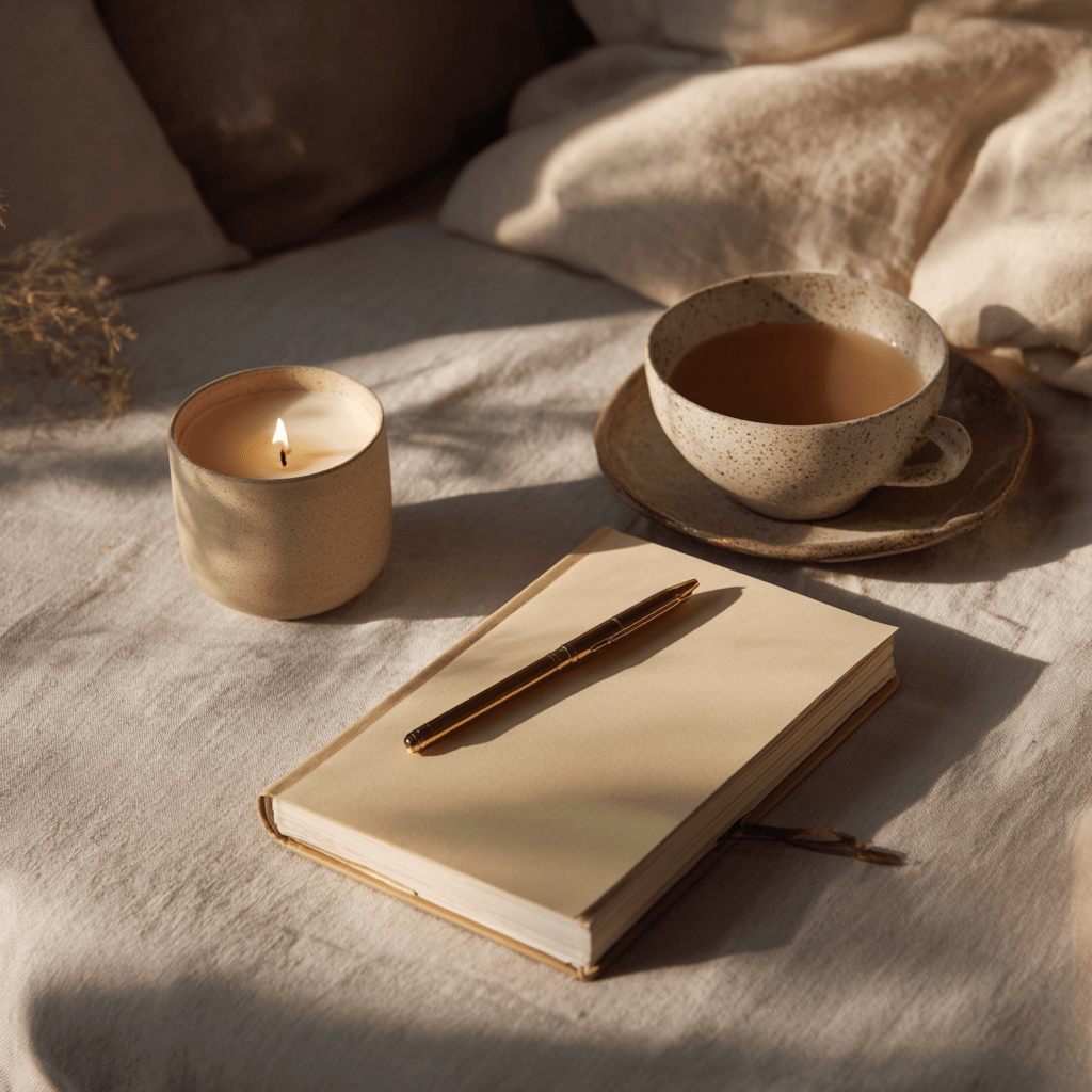 A flat lay scene with an open journal, pen, candle, and tea cup on a linen surface bathed in morning light.