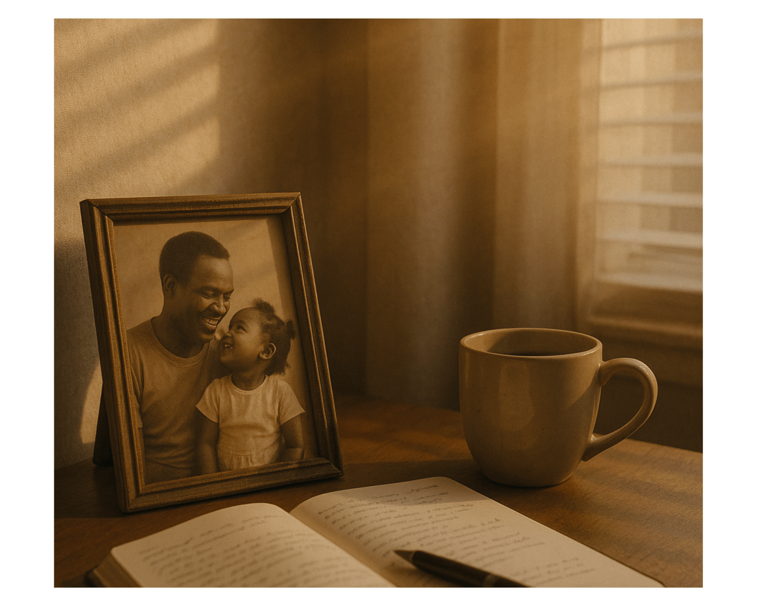 Golden sunlight falls across a wooden table holding a framed vintage photo of a father and daughter beside an open journal and cup of coffee.