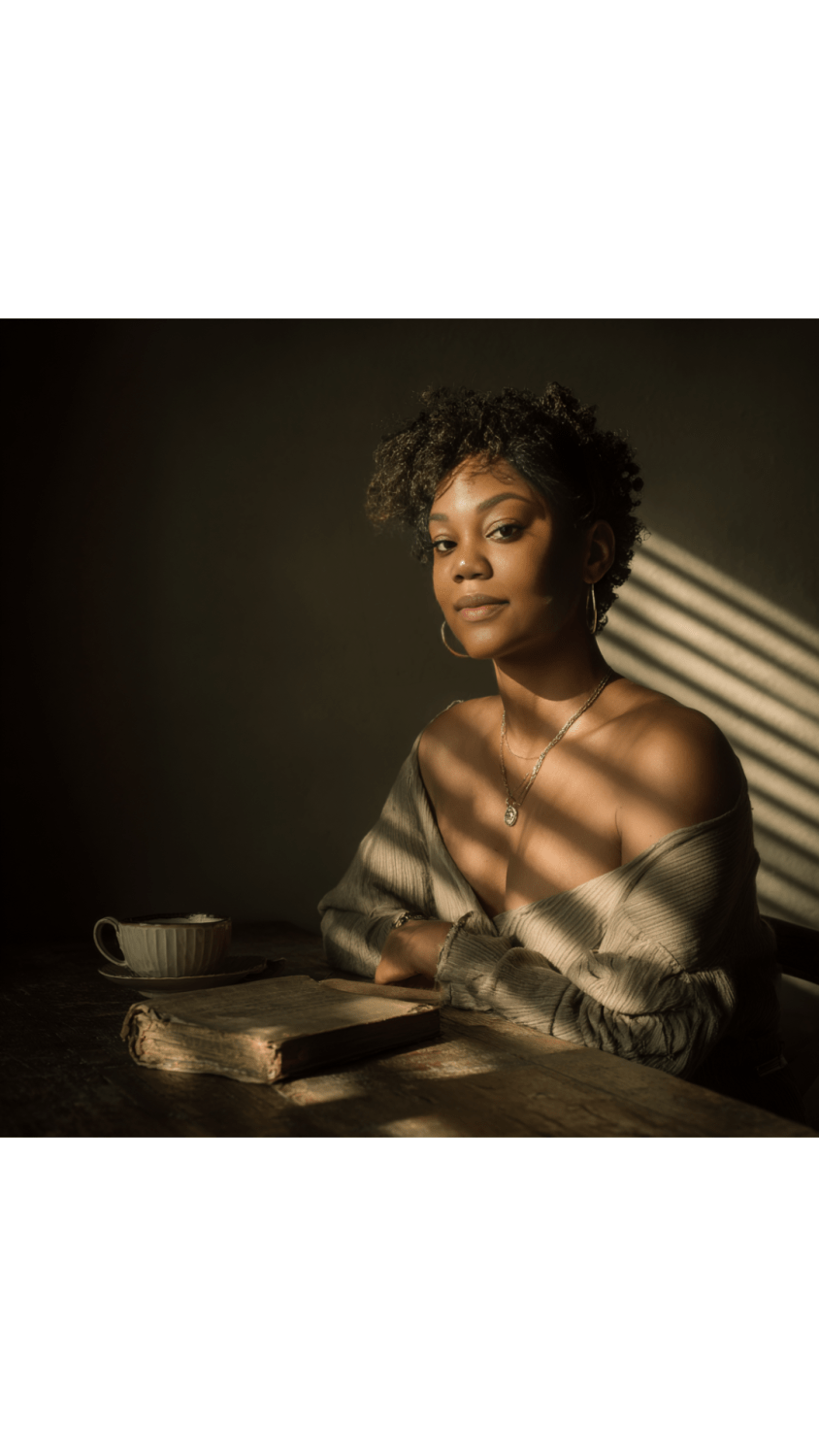 The Author Chelsey in her late 30s sits by a sunlit window, lost in thought as golden light reflects off her face.