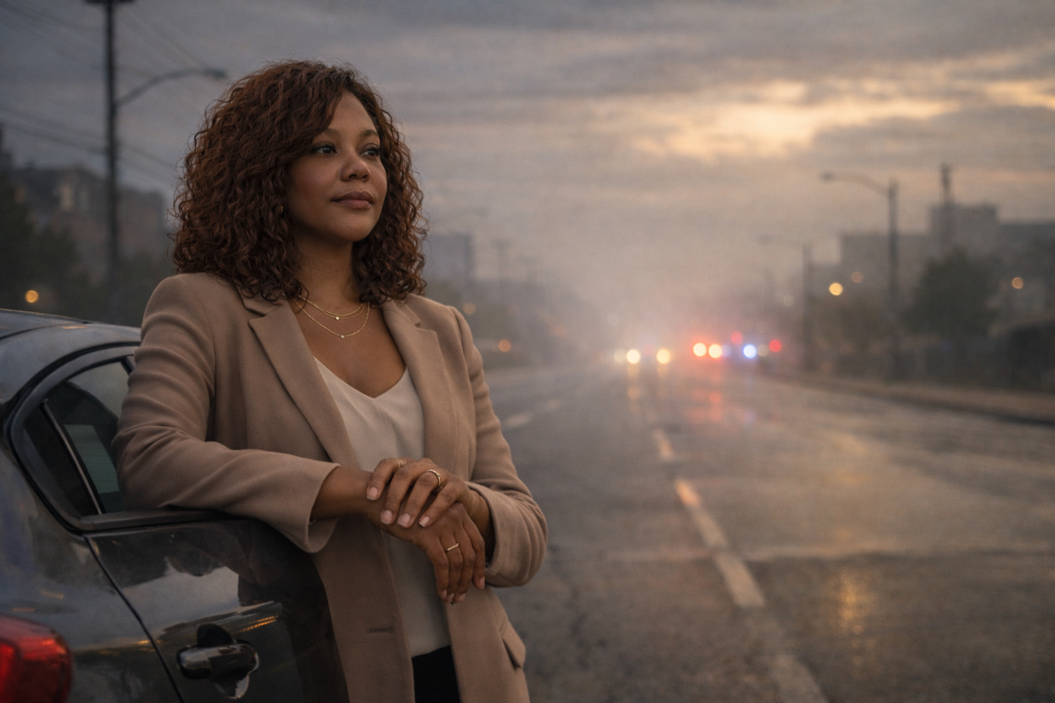 A cinematic photograph of a Black woman in a tailored black blazer standing beside her car on a quiet, foggy road at dusk. She has a soft body-wave hairstyle and a calm, reflective expression, gazing forward as muted emergency light reflections glow on the wet pavement. The scene is moody and serene, with an overcast sky and gentle golden light breaking through the clouds, conveying strength, resilience, and quiet reflection.